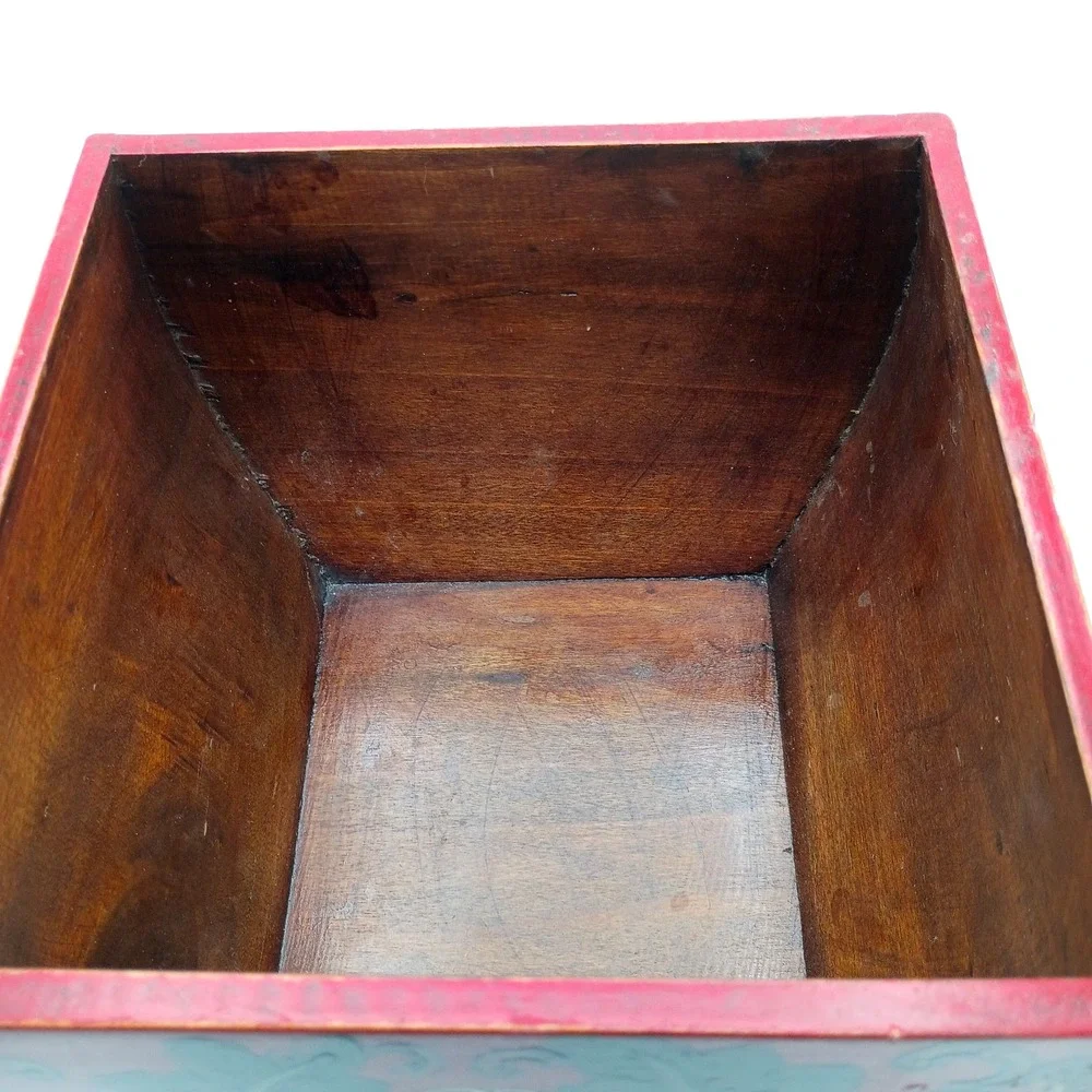 Wooden Dou Rice Grain Box Bucket‎ Red Floral Design Dove Tailed Corners